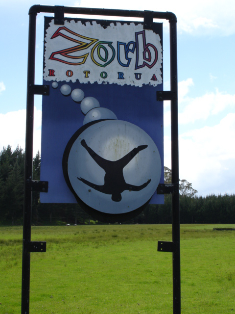 Zorbing sign in New Zealand